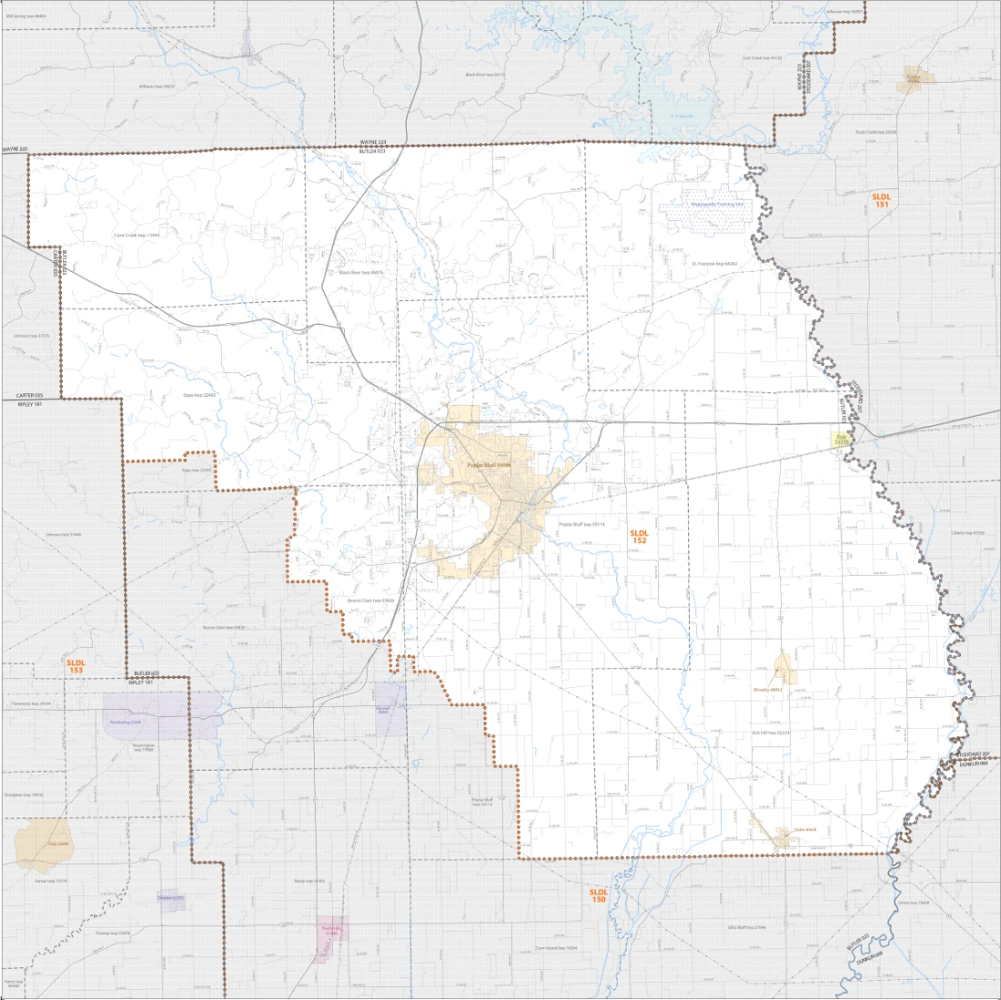 Map of Missouri House District 152 (SLDL 152) within Butler County, Missouri — anchored on Poplar Bluff, including Fisk, Rombauer, and Brosley, bordered by districts 150, 151, and 153.